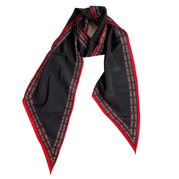 VERA Black Red & White Scarf Pointed Ends Rectangle  7" x 62 1/2" Made Japan - Picture 4 of 5
